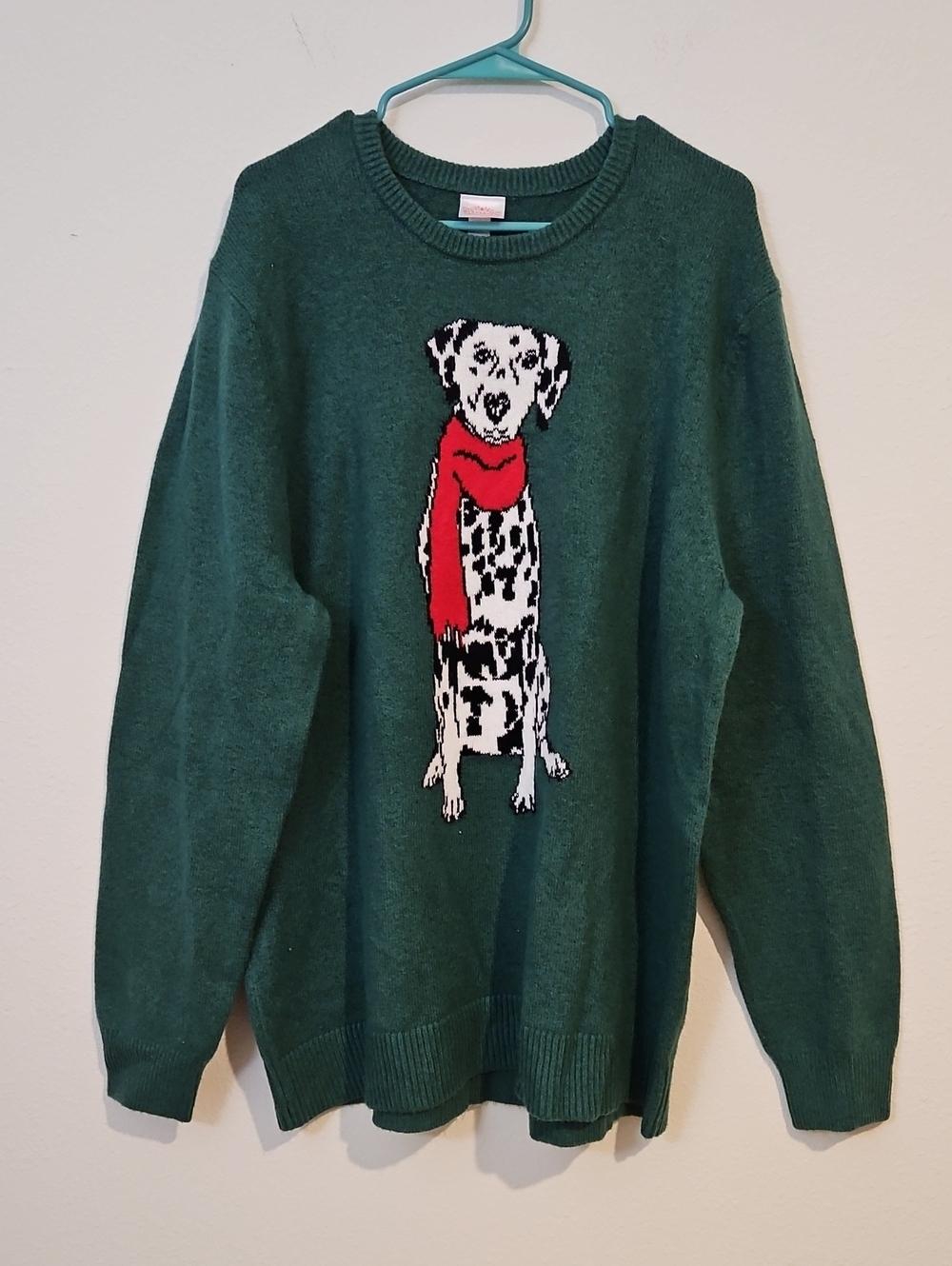 Wondershop Green Crewneck Sweater with Dalmatian and Red Scarf